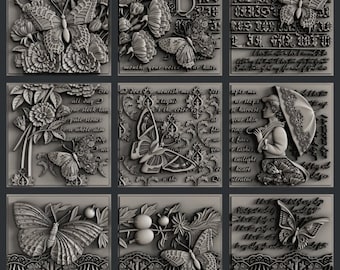 May include: Nine gray relief panels with floral, butterfly, and text designs. Each panel features detailed carvings of flowers, butterflies, and decorative text. The panels are arranged in a 3x3 grid, showcasing intricate artwork.