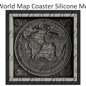 May include: A gray silicone mold for making a world map coaster. The mold features an intricate design with a detailed map of the world.