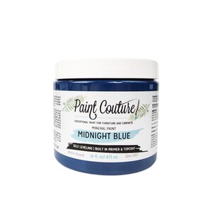 May include: A 16-ounce jar of Midnight Blue self-leveling mineral paint by Paint Couture. The paint is water-based and zero VOC. It is designed for furniture and cabinets.