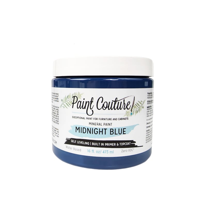 May include: A 16-ounce jar of Midnight Blue self-leveling mineral paint by Paint Couture. The paint is water-based and zero VOC. It is designed for furniture and cabinets.