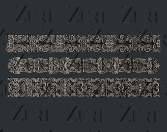 May include: Three ornate, silver-colored decorative border elements with intricate floral and scrollwork patterns. The borders are displayed against a dark gray background with the word "Zuri" repeated.