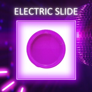 May include: A small, round container of bright purple glitter. The container is on a white background with a neon pink border.