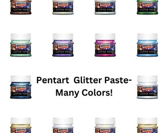 May include: A collection of Pentart Glitter Paste jars in various colors, including brown, white, green, blue, purple, and pink. Each jar has a white lid and a label with the product name. The text "Pentart Glitter Paste - Many Colors!" is displayed.