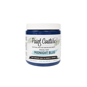 May include: A jar of Midnight Blue mineral paint by Paint Couture. The paint is self-leveling and has a built-in primer and topcoat. It is water-based and zero VOC. The jar is 8 fluid ounces or 237 milliliters.