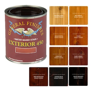 May include: A can of General Finishes Exterior 450 water-based stain. The can is red with a white label and a blue eagle logo. The label also shows the text "General Finishes" and "Exterior 450". The image also shows nine different wood samples stained with the product in various colors, including Natural Base, Butternut, Sugar Maple, Cedar, Chestnut, Olde Cherry, Red Mahogany, Coffee Bean, and Black Walnut.