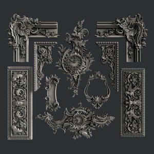 May include: An assortment of ornate, silver-colored architectural elements, including corner pieces, rectangular panels with relief carvings, and clock faces. The designs feature floral and foliate motifs, with a rooster atop one clock.