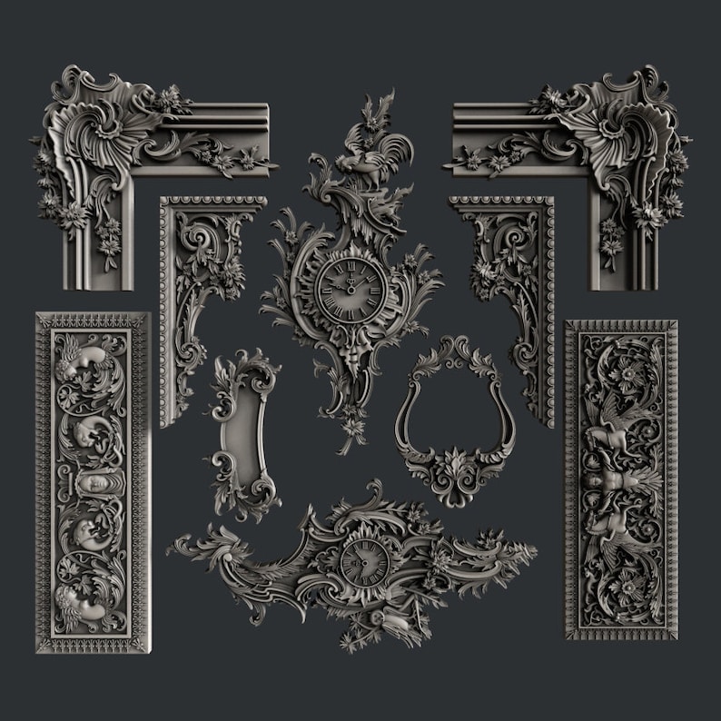 May include: An assortment of ornate, silver-colored architectural elements, including corner pieces, rectangular panels with relief carvings, and clock faces. The designs feature floral and foliate motifs, with a rooster atop one clock.