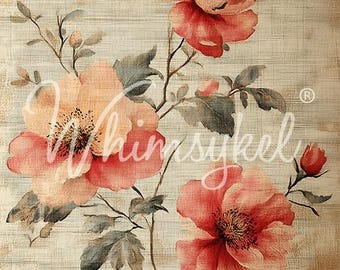 May include: A watercolor painting of pink and peach flowers with green leaves on a beige background. The flowers are in bloom and have a delicate, romantic feel. The painting is signed "Whimsykeel" in the lower right corner.