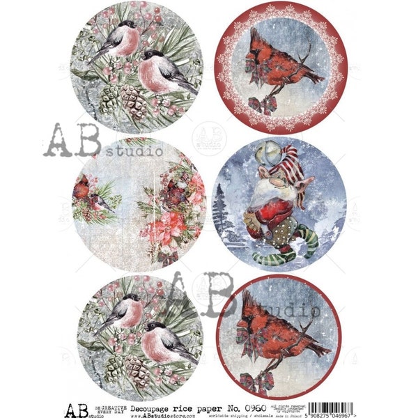 Christmas Medallion Decoupage Paper Winter Birds Decoupage Rice Paper for crafts, collage, card making, mixed media, scrapbooking No. 0960