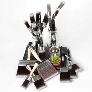 May include: A collection of paint brushes with black handles and white bristles. The brushes are arranged in a glass jar and on a black surface. Some of the brushes have the text "PRO PAINT" printed on them.