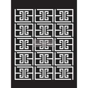 May include: A black and white stencil featuring a repeating geometric pattern. The design consists of white, stylized shapes arranged in a grid against a black background. The stencil is likely used for decorative purposes.