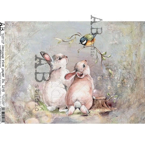 Bunny Rabbit Decoupage Rice Paper, spring bird decoupage DIY craft, collage, card making, mixed media, junk journal, scrapbooking No 1293