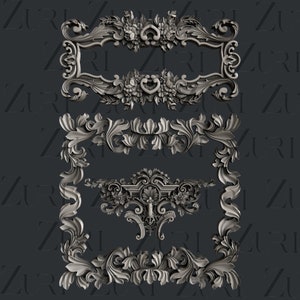 May include: A set of four ornate silver-colored metal frames with intricate floral designs. The frames are arranged in a vertical stack, with the largest frame at the top and the smallest frame at the bottom.