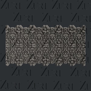 May include: A black and white intricate patterned design with a repeating motif. The design is made up of small, detailed shapes and lines.