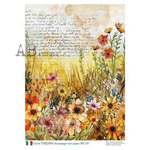 A4 Summer Flower Fields Decoupage Rice Paper Carte Italiano 118 AB Studio Decoupage for mixed media, junk journal, paper craft, card making