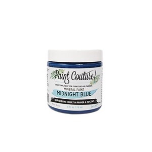 May include: A 4-ounce jar of Midnight Blue mineral paint by Paint Couture. The paint is self-leveling and has a built-in primer and topcoat. It is water-based and zero VOC.
