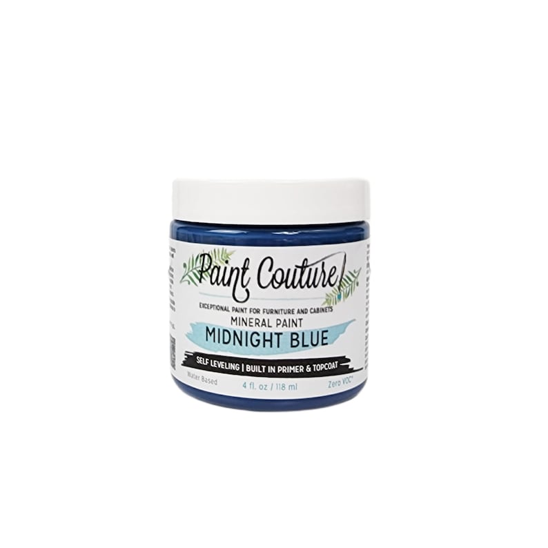 May include: A 4-ounce jar of Midnight Blue mineral paint by Paint Couture. The paint is self-leveling and has a built-in primer and topcoat. It is water-based and zero VOC.