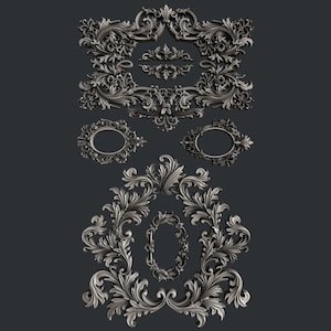 May include: A set of ornate, silver-toned, decorative, floral-shaped, metal frames. The frames are in various sizes and shapes, including oval, rectangular, and square.