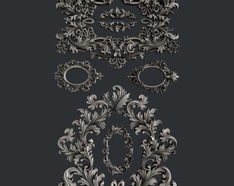 May include: A set of ornate, silver-toned, decorative, floral-shaped, metal frames. The frames are in various sizes and shapes, including oval, rectangular, and square.