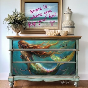 29x21&quot; Large Decoupage Tissue Paper,  Nadia Mermaid Sea Ocean Decoupage Paper from Whimsykel Designs 18lb paper, DIY furniture canvas art