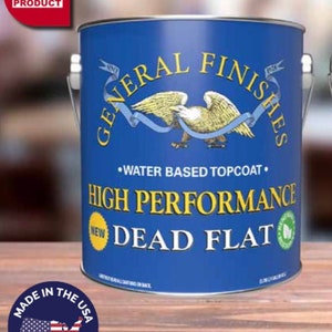 May include: A blue can of General Finishes High Performance Dead Flat water-based topcoat paint. The can has a gold eagle logo and the text "New Product" is on a red label.