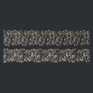 May include: Two rows of ornate, silver-colored floral trim with detailed leaves and flowers. The trim is perfect for adding a touch of elegance to any project.
