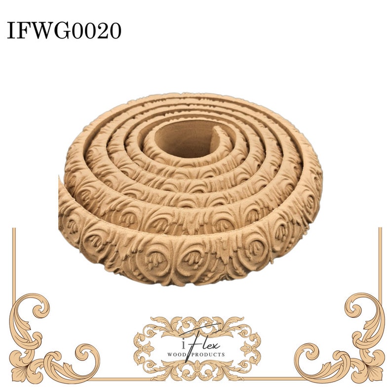 May include: A set of six wooden decorative trim pieces with a floral design. The trim pieces are stacked in a circle, with the largest piece at the bottom and the smallest piece at the top. The trim pieces are a light brown color.