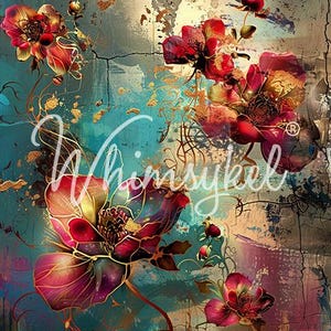 May include: Abstract art print featuring large red and gold flowers with a teal background. The flowers have a textured, almost metallic look. The print has a vintage, distressed feel.