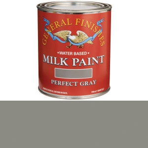 May include: A can of General Finishes Milk Paint in the color Perfect Gray. The can is red with white lettering and an eagle logo. The paint is water-based.