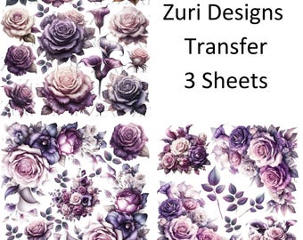 Puede incluir: Tres hojas de calcomanías de transferencia floral de color morado y rosa. Las calcomanías presentan una variedad de rosas, hojas y otros elementos florales. Zuri Designs Transfer 3 Hojas.
