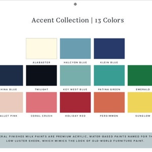 May include: A color chart showing 13 paint colors from the Accent Collection. The colors are: Alabaster, Halcyon Blue, Klein Blue, China Blue, Twilight, Key West Blue, Patina Green, Emerald, Ballet Pink, Coral Crush, Holiday Red, Persimmon, and Sunglow. General Finishes Milk Paints are premium acrylic, water-based paints named for their low-luster sheen, which mimics the look of old-world furniture paint.