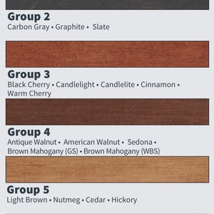 May include: A color guide for wood stains, showing different groups of colors with their names. The groups are: Group 1, Group 2, Group 3, Group 4, Group 5, Group 6, and Group 7. The guide includes the names of the stains in each group, such as Antique Brown, Carbon Gray, Black Cherry, Antique Walnut, Light Brown, Cabernet, and Black.