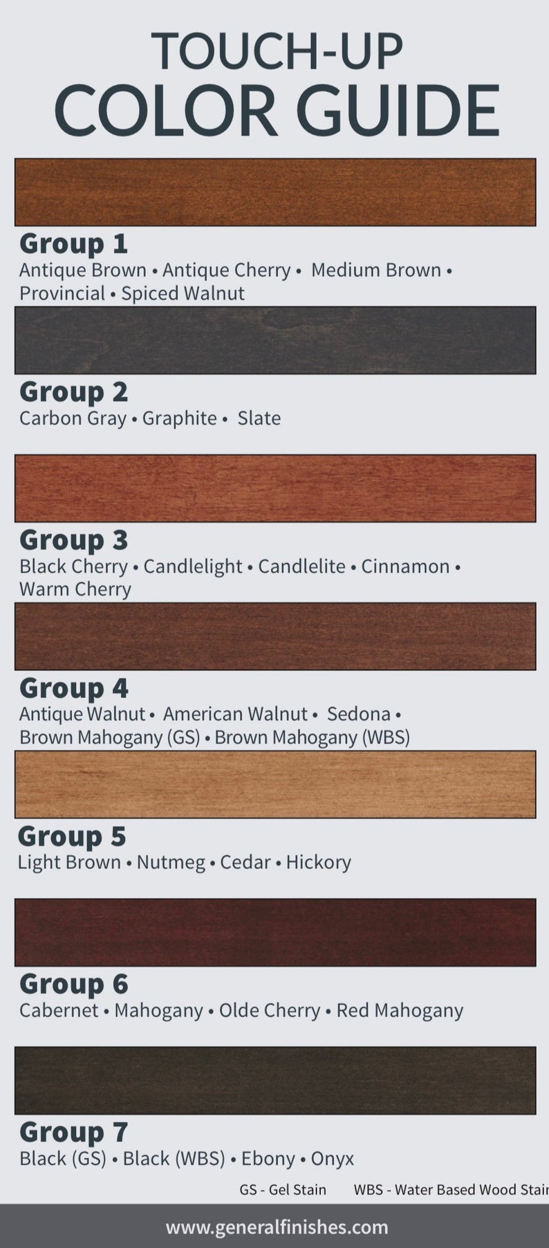 May include: A color guide for wood stains, showing different groups of colors with their names. The groups are: Group 1, Group 2, Group 3, Group 4, Group 5, Group 6, and Group 7. The guide includes the names of the stains in each group, such as Antique Brown, Carbon Gray, Black Cherry, Antique Walnut, Light Brown, Cabernet, and Black.