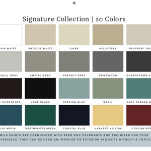 May include: A color chart showing 20 paint colors from the Signature Collection. The colors include snow white, antique white, linen, millstone, reverent gray, seagull gray, empire gray, perfect gray, driftwood, queenstown gray, dark chocolate, lamp black, persian blue, basil, gulf stream blue, blue moon, westminster green, coastal blue, harvest yellow, and tuscan red.