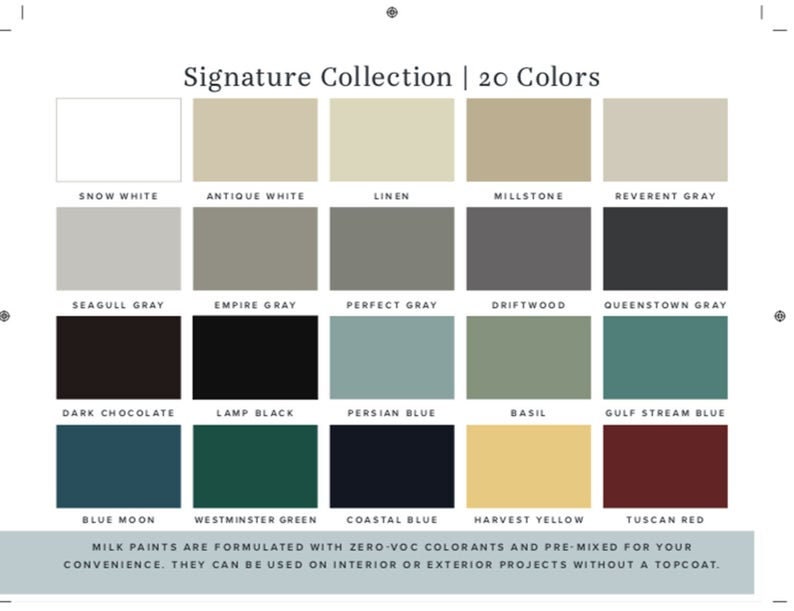May include: A color chart showing 20 paint colors from the Signature Collection. The colors include snow white, antique white, linen, millstone, reverent gray, seagull gray, empire gray, perfect gray, driftwood, queenstown gray, dark chocolate, lamp black, persian blue, basil, gulf stream blue, blue moon, westminster green, coastal blue, harvest yellow, and tuscan red.