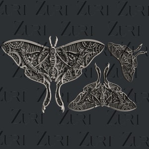 May include: Three intricately detailed, silver-colored, metal sculptures of moths with intricate gears and cogs. The moths are in a steampunk style.