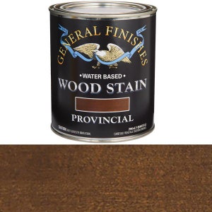 May include: A can of General Finishes Provincial Wood Stain. The can is black with gold lettering and an eagle logo. The stain is water-based.