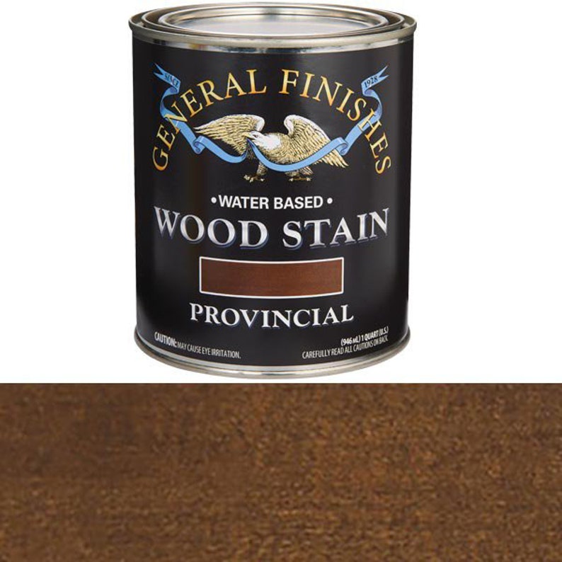 May include: A can of General Finishes Provincial Wood Stain. The can is black with gold lettering and an eagle logo. The stain is water-based.