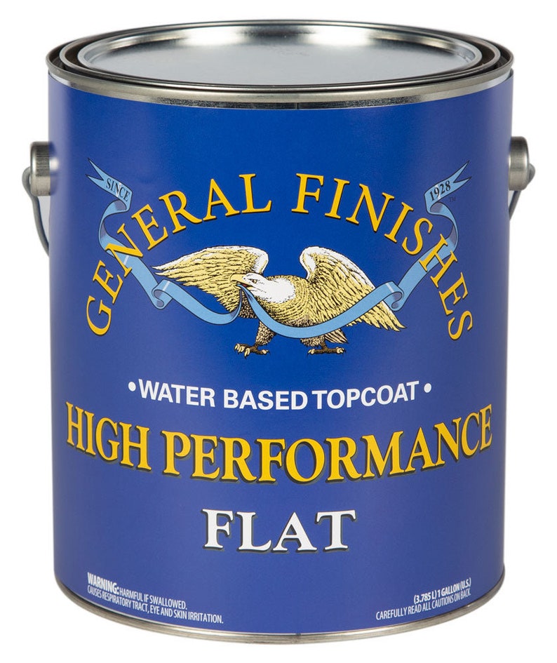 May include: A blue paint can with a white eagle logo and the text "General Finishes Since 1928". The can is labeled "Water Based Topcoat" and "High Performance Flat".