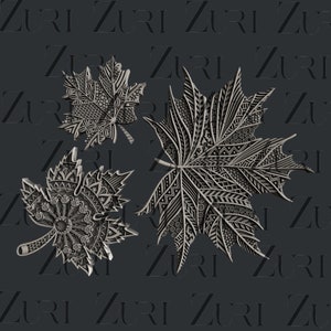 May include: Three intricately designed silver maple leaves with a mandala-like pattern. The leaves are cut out and have a 3D effect.