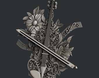 May include: A detailed 3D model of a violin with intricate floral designs and musical notes. The violin is carved with a high level of detail, including the strings, the bow, and the floral patterns. The model is a great example of the artistry of 3D printing.