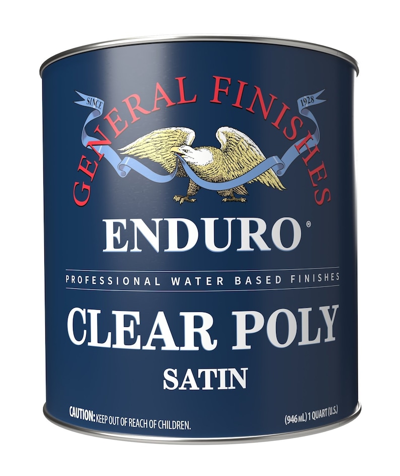 May include: A blue can of General Finishes Enduro Clear Poly Satin water-based finish. The can features an eagle logo and the text "SINCE 1928". The can is labeled with "CAUTION: KEEP OUT OF REACH OF CHILDREN." and "(946 ML) 1 QUART (U.S.)".