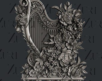 May include: A 3D printed model of a harp with intricate floral details. The harp is made of a light gray material and is surrounded by a variety of flowers, including roses, lilies, and daisies.