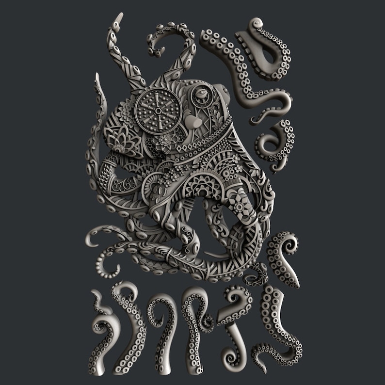 May include: A detailed, ornate, silver-colored octopus with eight tentacles. The octopus is decorated with intricate patterns and designs. The tentacles are curled and separated from the body.