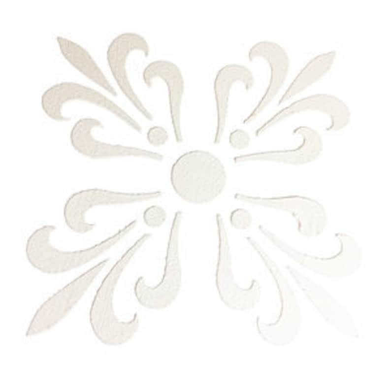 May include: White decorative stencil with a butterfly design. The stencil features a central circle with four smaller circles around it, and intricate swirling patterns on each side.