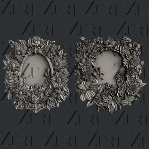 May include: Two ornate, silver-toned, floral wreaths with oval frames in the center. The wreaths are made of detailed, 3D flowers and leaves.