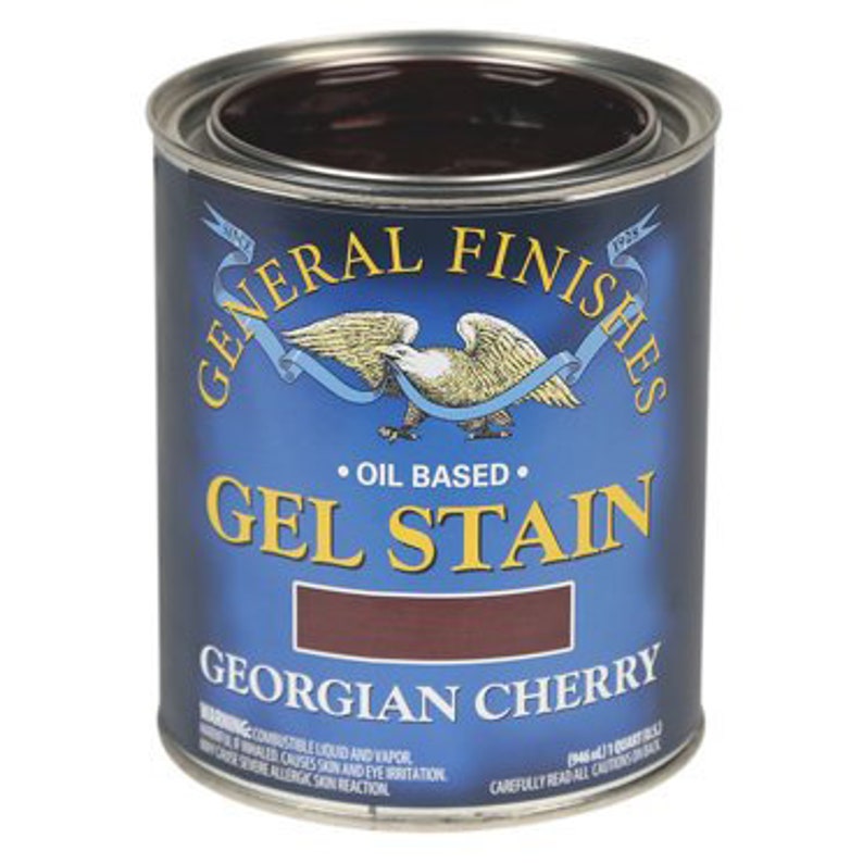 May include: A can of General Finishes oil-based gel stain in the color Georgian Cherry.