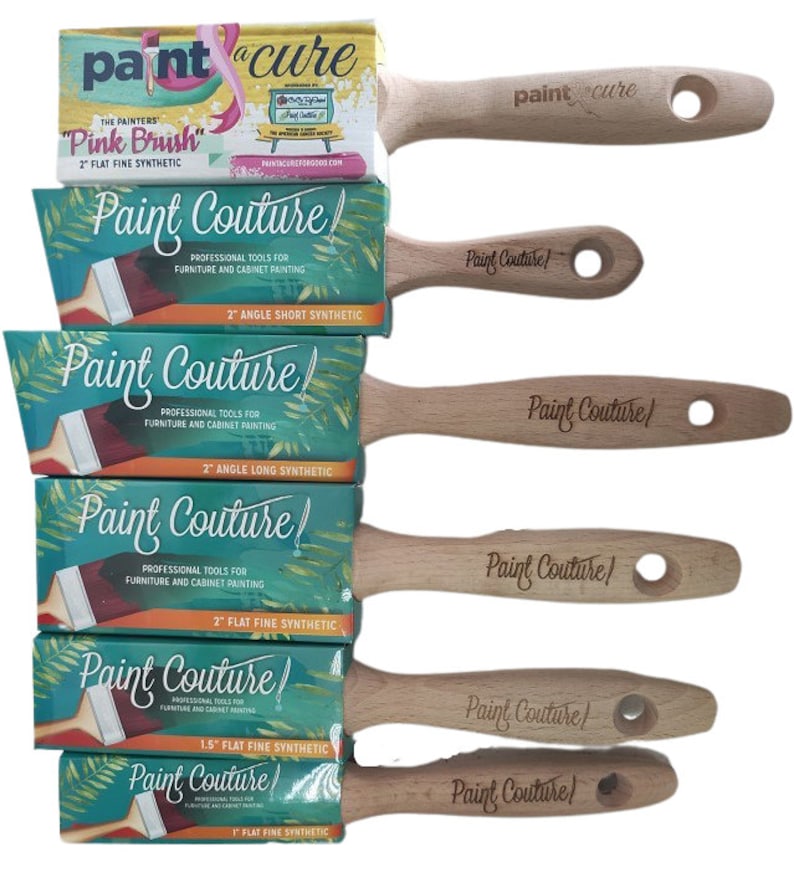 May include: Set of six paint brushes with wooden handles. The brushes are labelled "Paint Couture" and come in various sizes, including 2-inch angle short, 2-inch angle long, 2-inch flat fine, 1.5-inch flat fine, and 1-inch flat fine.