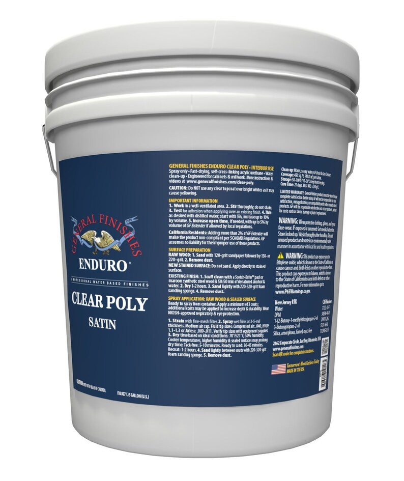 May include: A gallon bucket of General Finishes Enduro Clear Poly Satin water-based finish for interior use. The label features the product name, brand, and instructions for use.