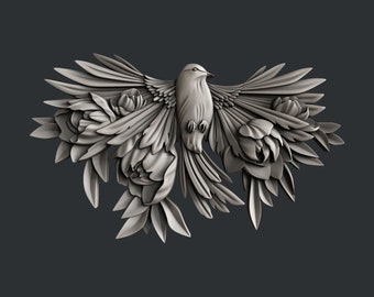 May include: A 3D relief sculpture of a bird with outstretched wings, surrounded by stylized flowers. The sculpture is made of a light gray material and has a detailed, intricate design.